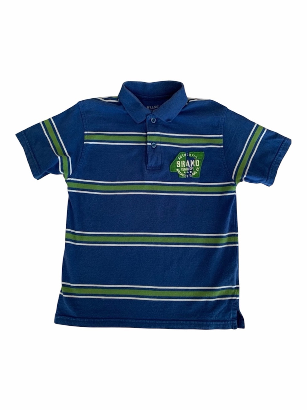 Wrangler Jeans Co Polo Shirt Boys XS (4/5) Blue Green White Short Sleeve Striped